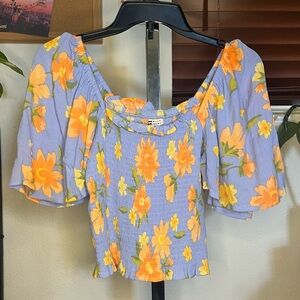 Floral Puff Sleeve Top in Blue and Orange